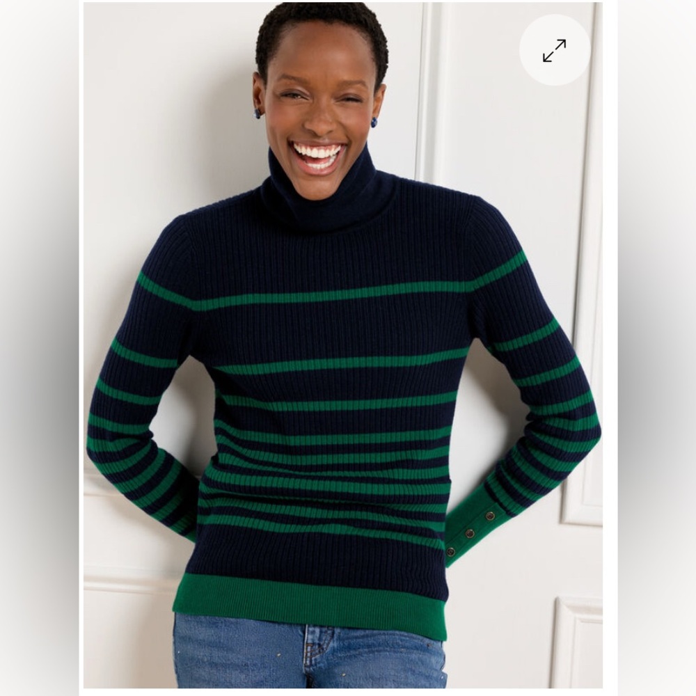 Talbots Navy And Green Striped Ribbed Turtleneck Sweater